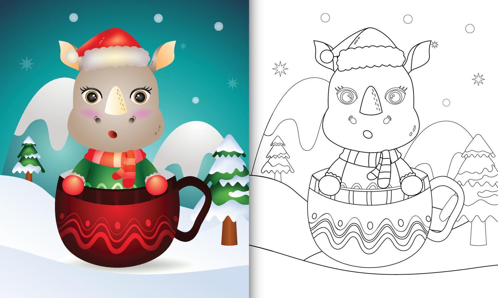 målarbok med en söt noshörning julfigurer med en tomtehatt och halsduk i koppen vektor