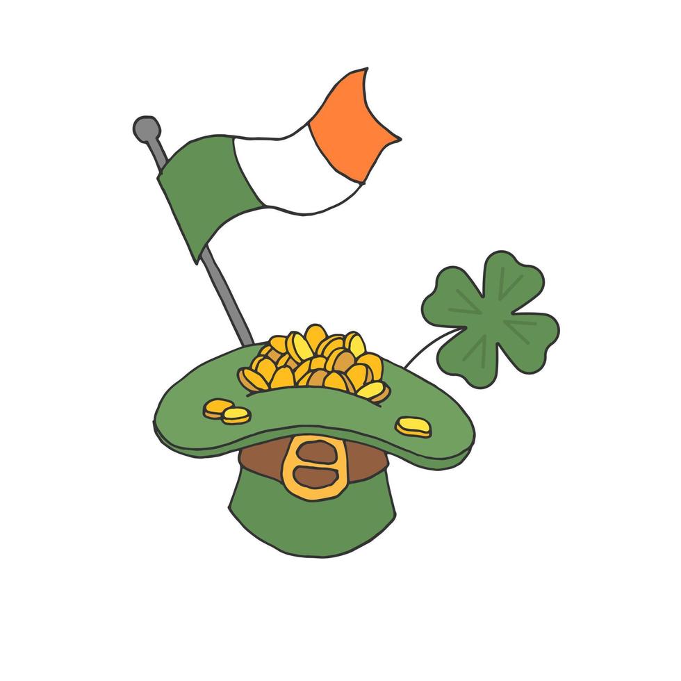 en st. Patricks dagskort. hatt med mynt. pengar i hatten. Irlands flagga. klöver. vektor. krets. vektor illustration. lager vektor.