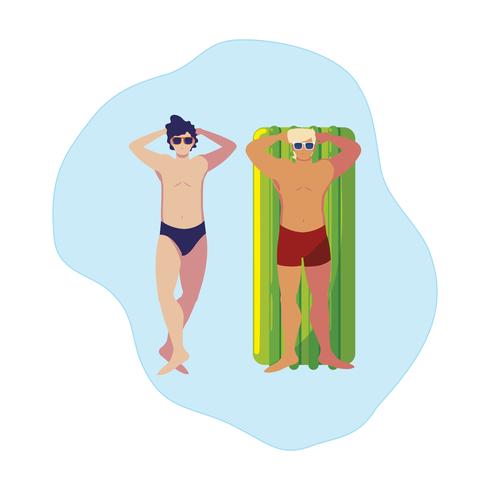 unga män med baddräkt och flottörmadrass i vatten vektor