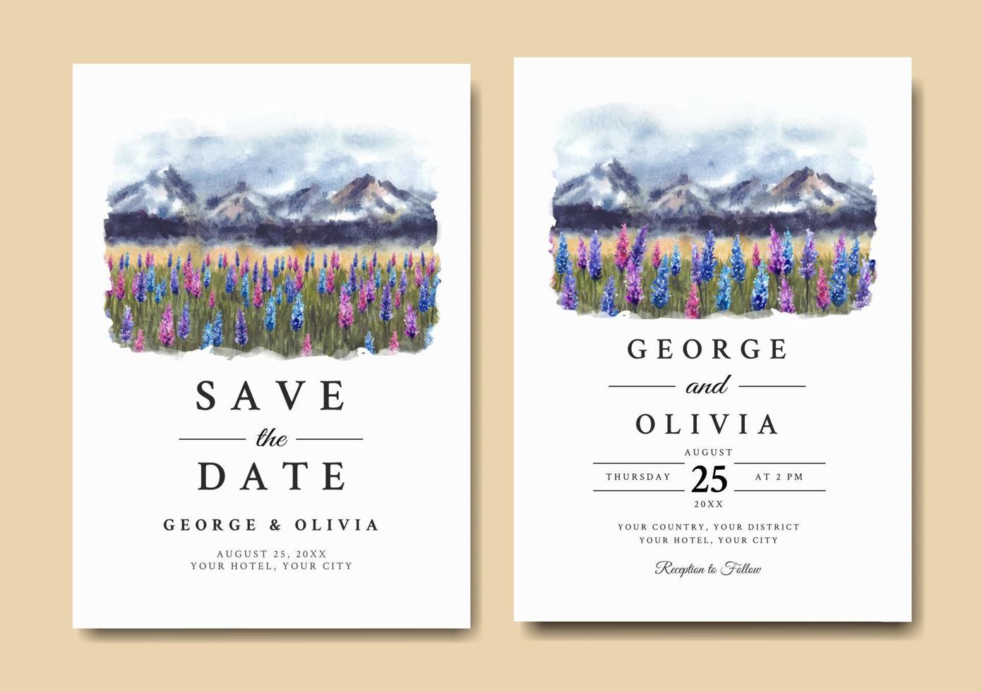 bröllopsinbjudan med vackra lavendelblommor och berg akvarell vektor