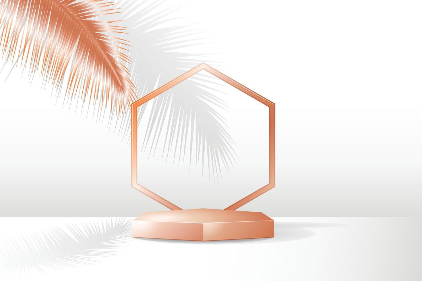 roségold palmblatt hexagon podium minimalistische leere anzeigeszene mit weißem hintergrund für produktpräsentation. Vektor-Illustration vektor