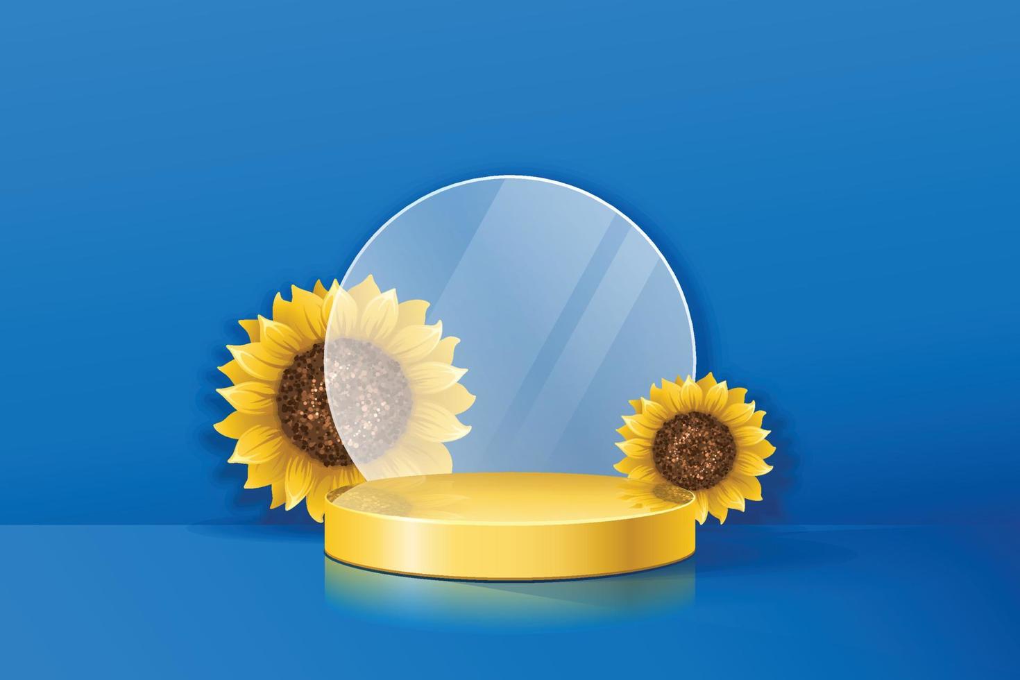 minimalistische szene mit rundem gelbem podium auf blauem wandhintergrund und sonnenblumen für produktpräsentation, modell, werbung. ukrainische Unterstützung. Vektor-Illustration vektor