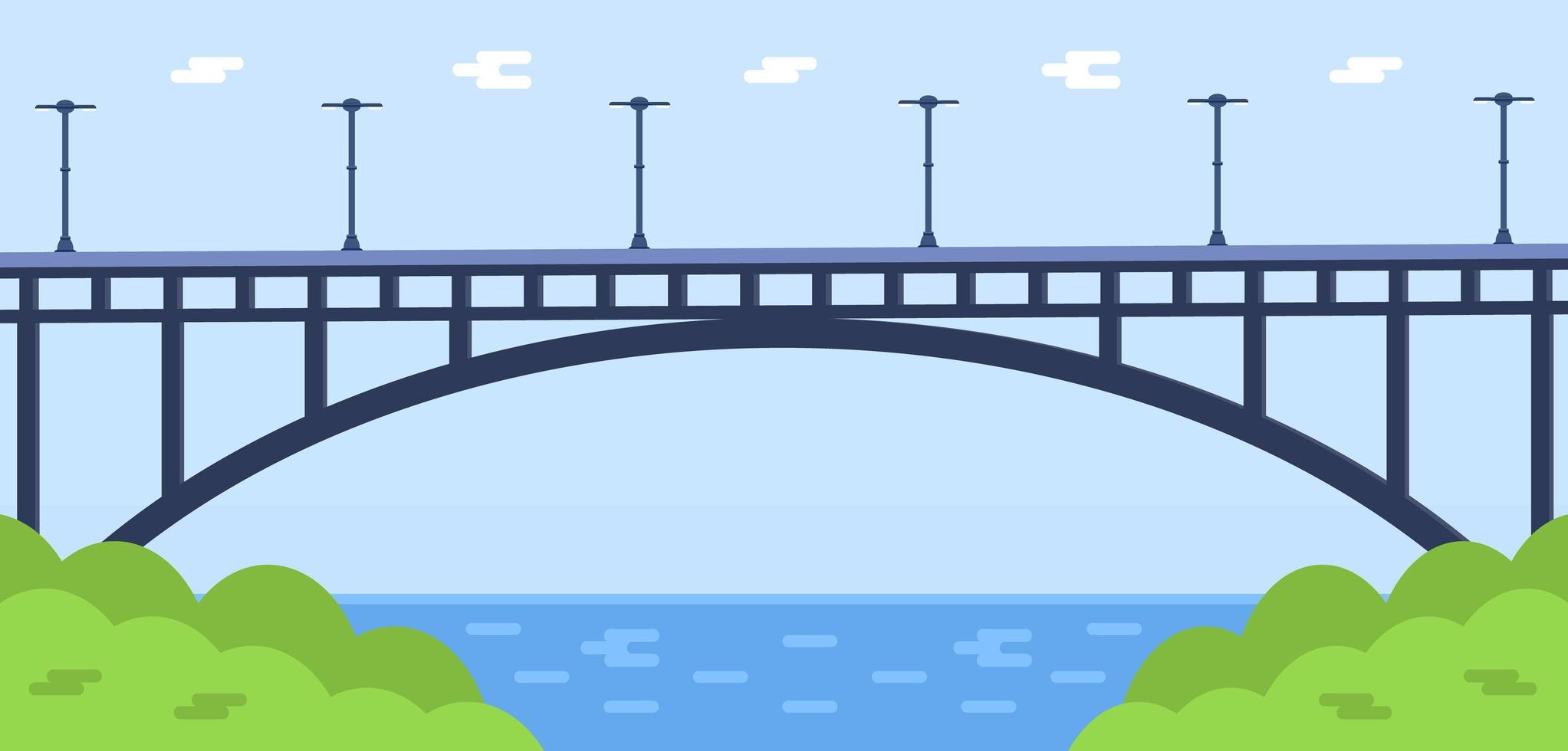 metall bro vektor. stadsarkitekturelement och brokonstruktion över floden med isolerad körbana och lyktor i färgglada landskap vektor