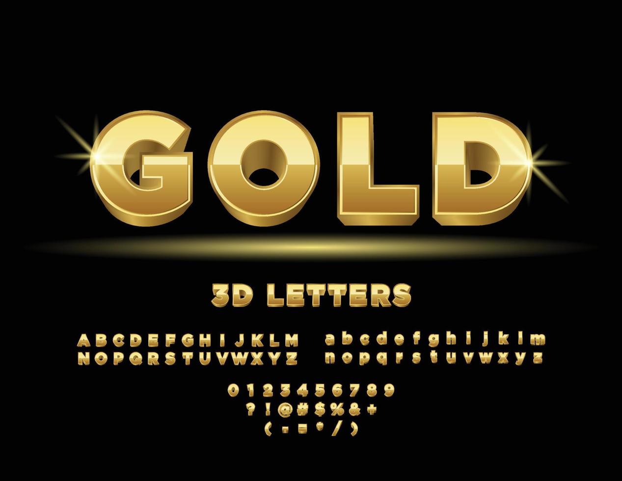 3D-Goldbuchstaben, Zahlen und Symbole. 3D-Schriftart. abc a bis z goldene alphabete buchstaben goldene schriftarten fette goldbalkenschriftart vektor