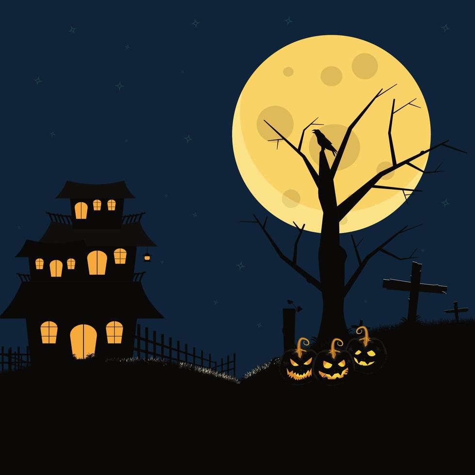 beängstigendes Haus und schwarze Kürbisvektorillustration. Halloween-Design-Hintergrund vektor