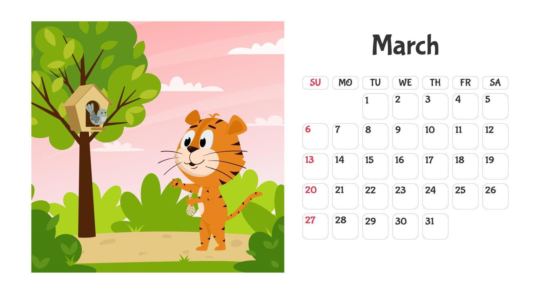 horizontale Desktop-Kalenderseitenvorlage für März 2022 mit einem Cartoon-Tiger-Symbol des chinesischen Jahres. die Woche beginnt am Sonntag. Ein Tiger füttert einen Vogel in einem Baum vektor