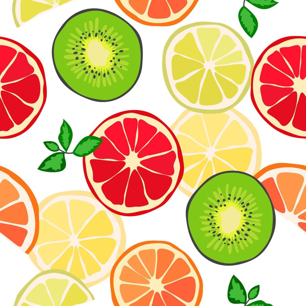 Vektornahtloses Muster aus Zitrusfrüchten, Limettenscheiben, Orangen, Zitronen, Kiwi, Grapefruits. abstrakter Hintergrund, Tapete. natürliche organische lebensmittelillustration, saftige früchte vektor