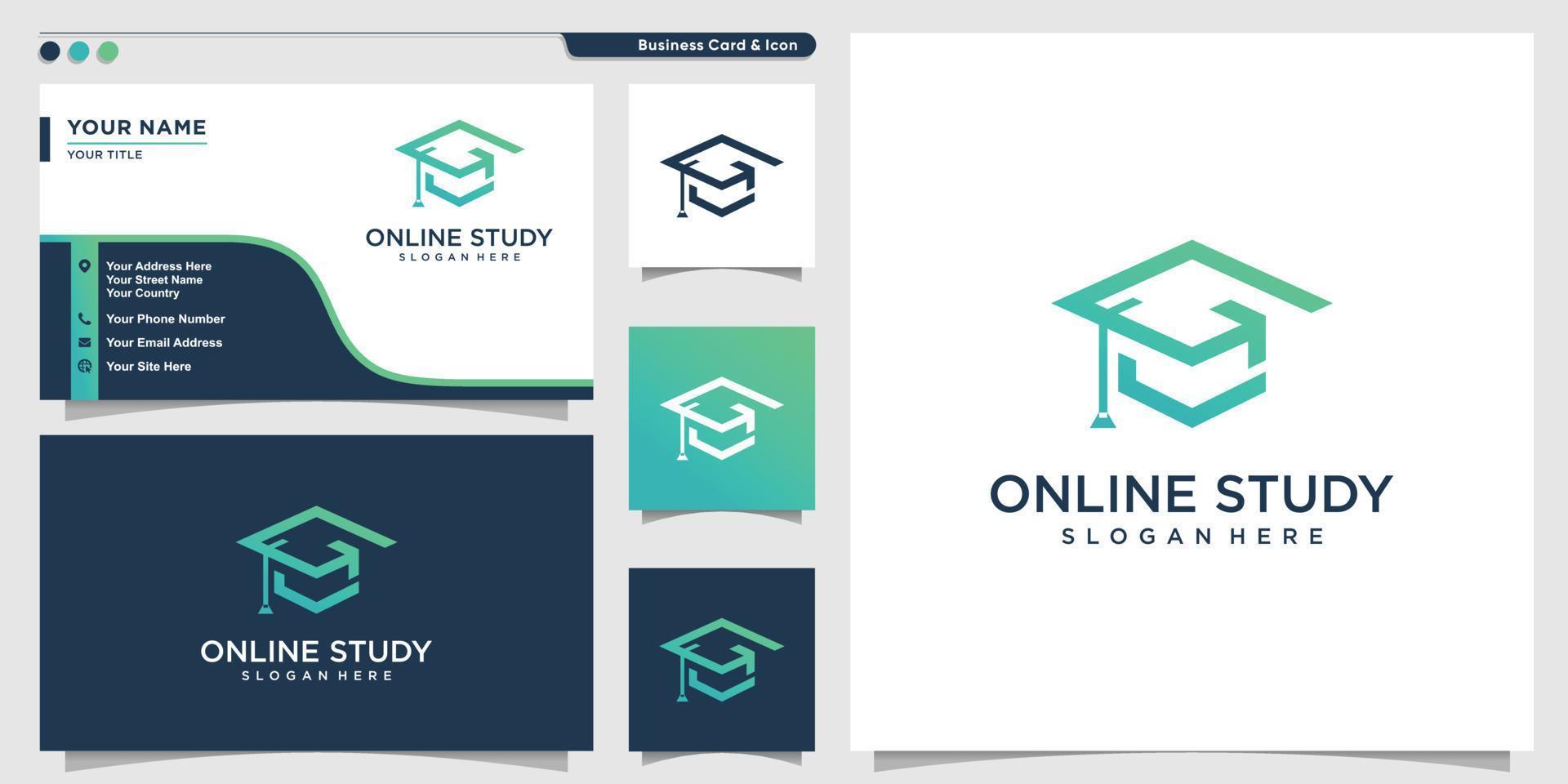 online studie logotyp med modern kontur stil och visitkort design premium vektor