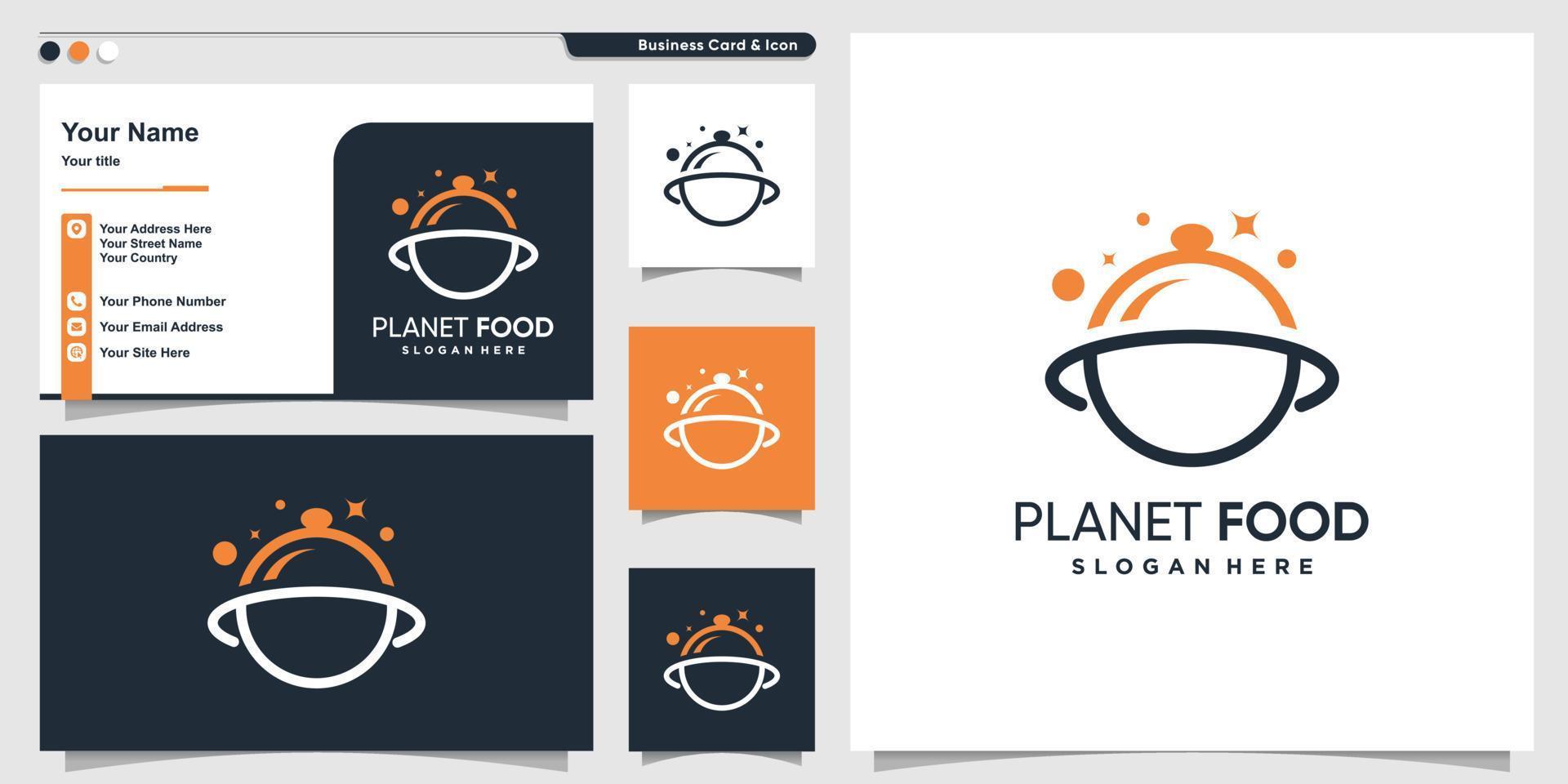 planet food logotyp med modern linjekonststil och visitkortsdesignmall, unik, planet, mat, premium vektor