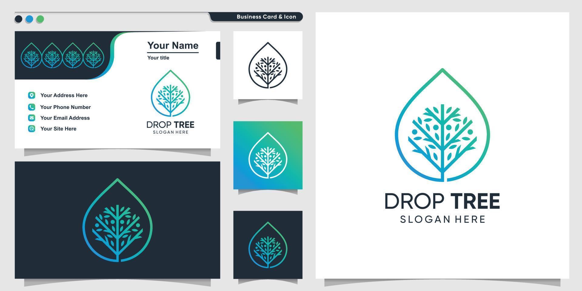 träd logotyp med drop line art stil och visitkort designmall, natur, droppe, gradient premium vektor