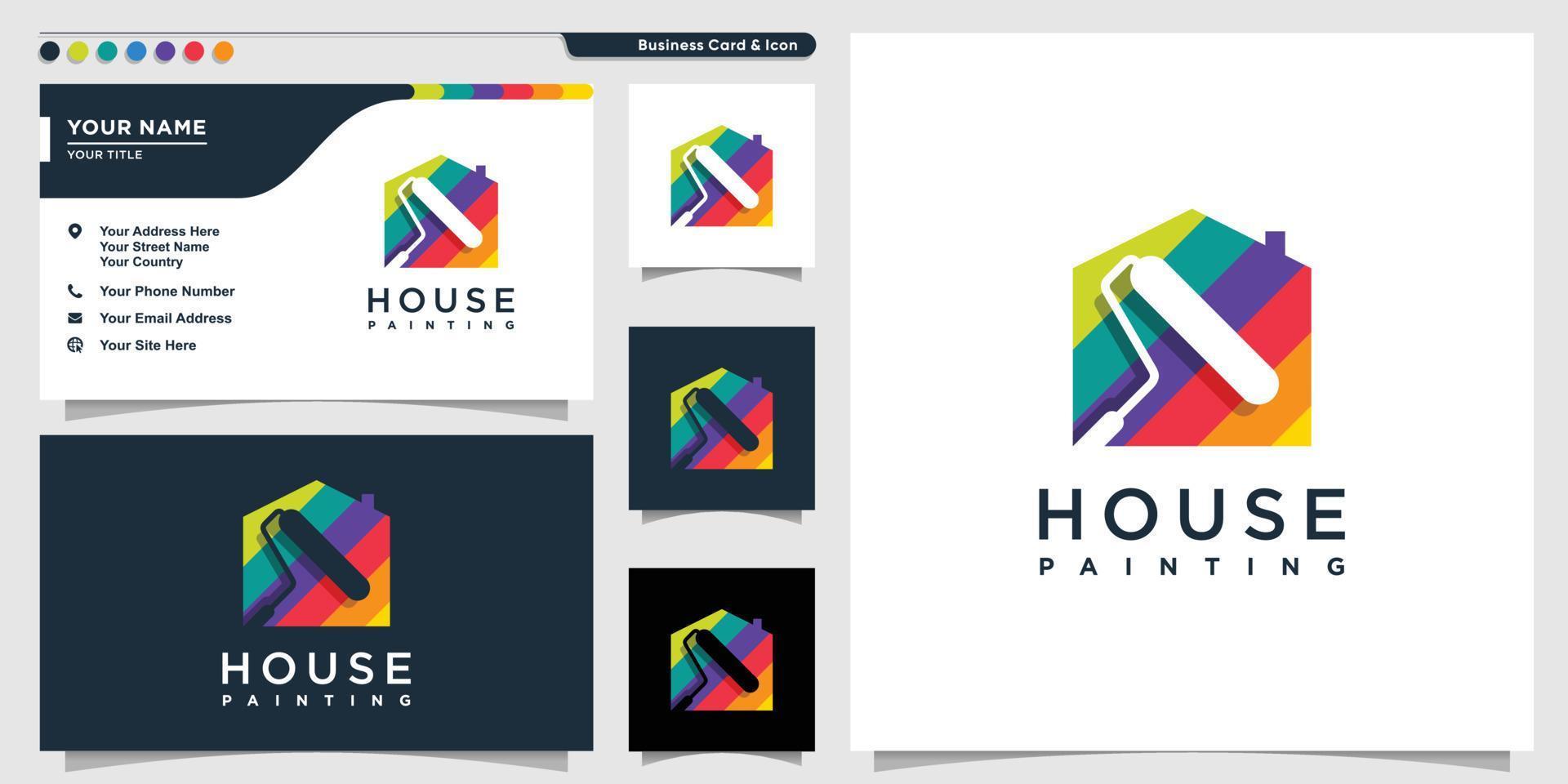 hem logotyp med färg målarstil och visitkort designmall premium vektor