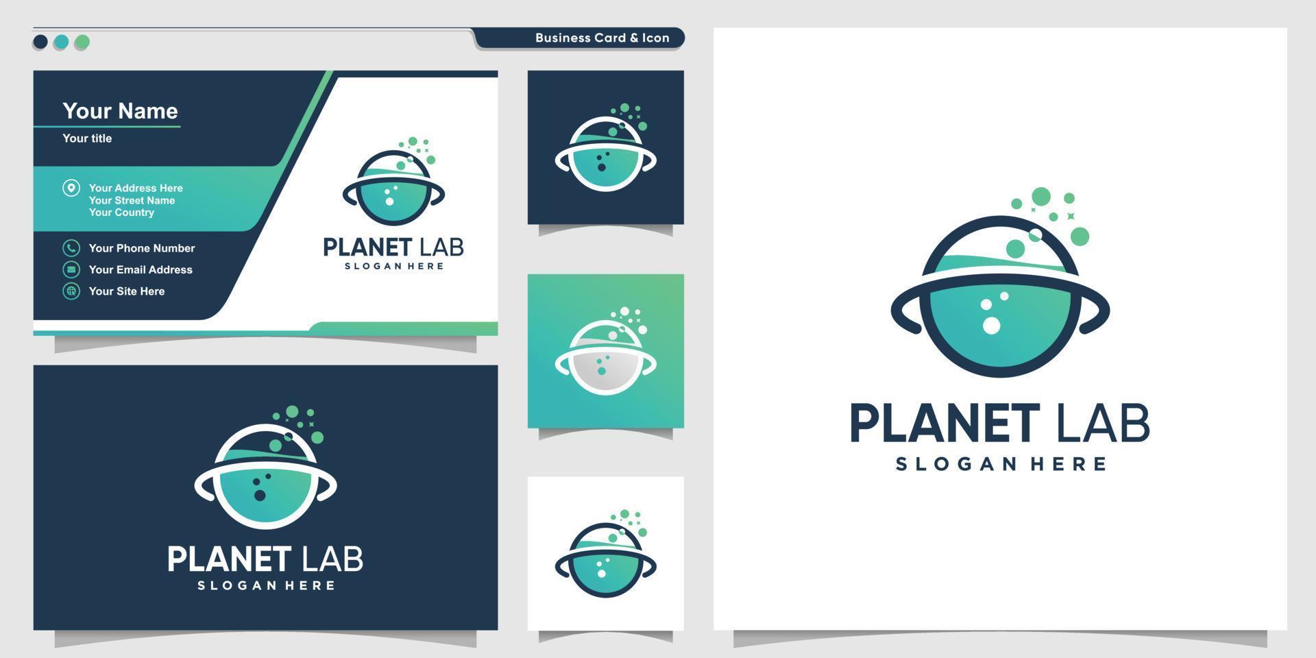 planet logotyp med science lab stil och visitkort designmall, labb, vetenskap, idé, mall, premium vektor