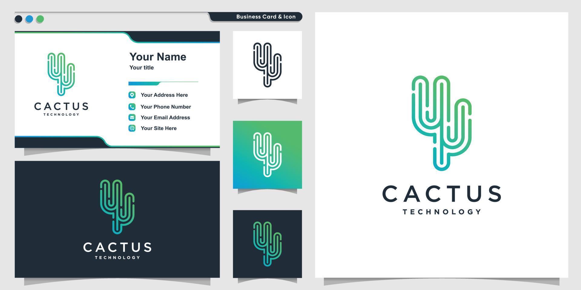 kaktuslogotyp med modern teknik linjekonststil och visitkortsdesign, mall, växt, dator, smart premiumvektor vektor