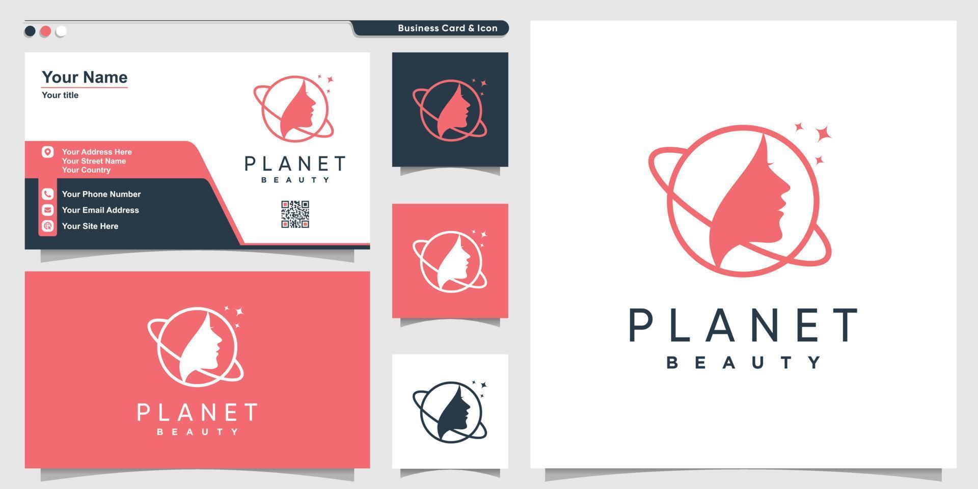 planet logotyp med skönhet kvinna linjekonst stil och visitkort designmall premium vektor