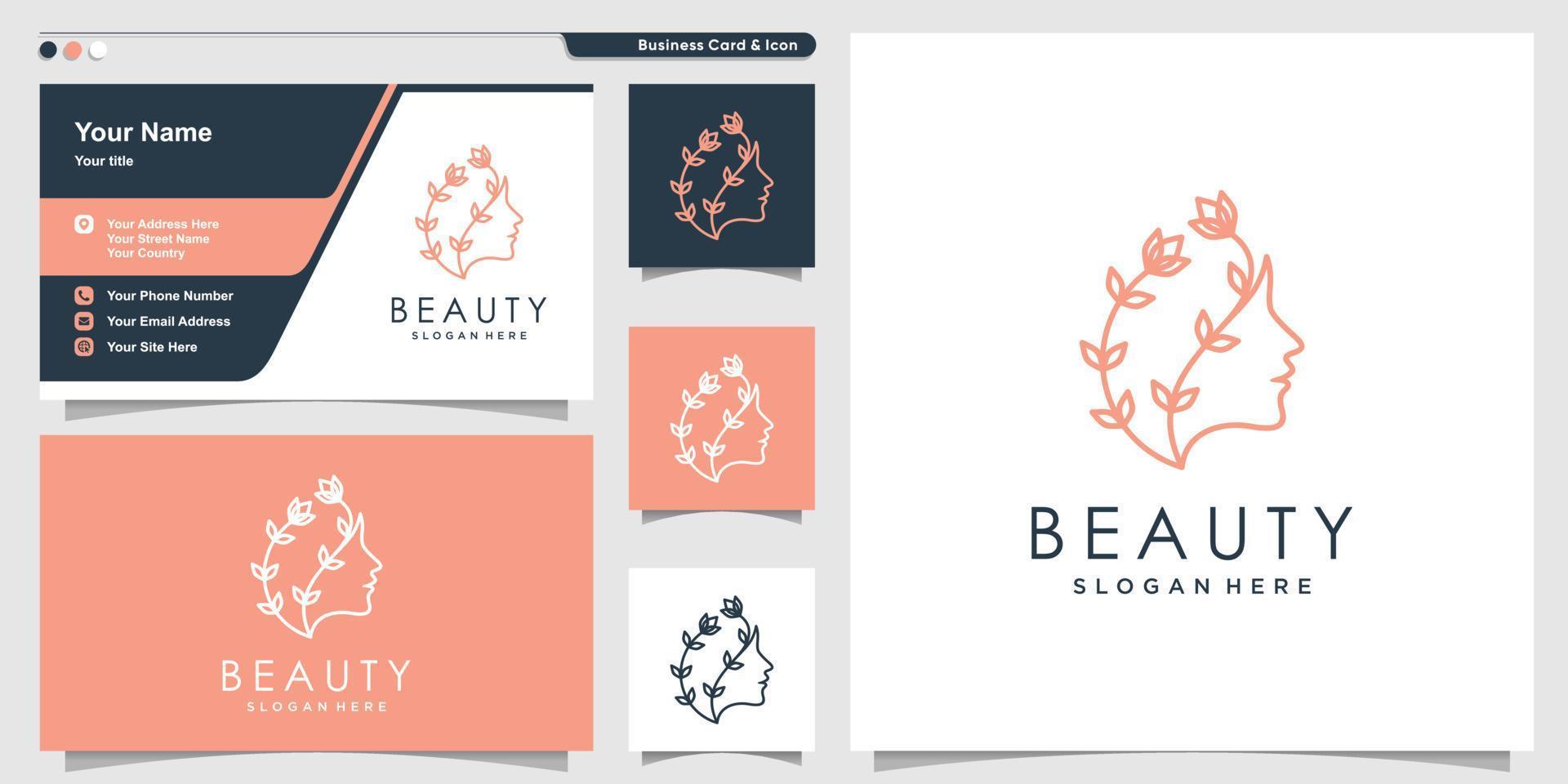 skönhet kvinna logotyp med linje konst blomma stil och visitkort design premium vektor