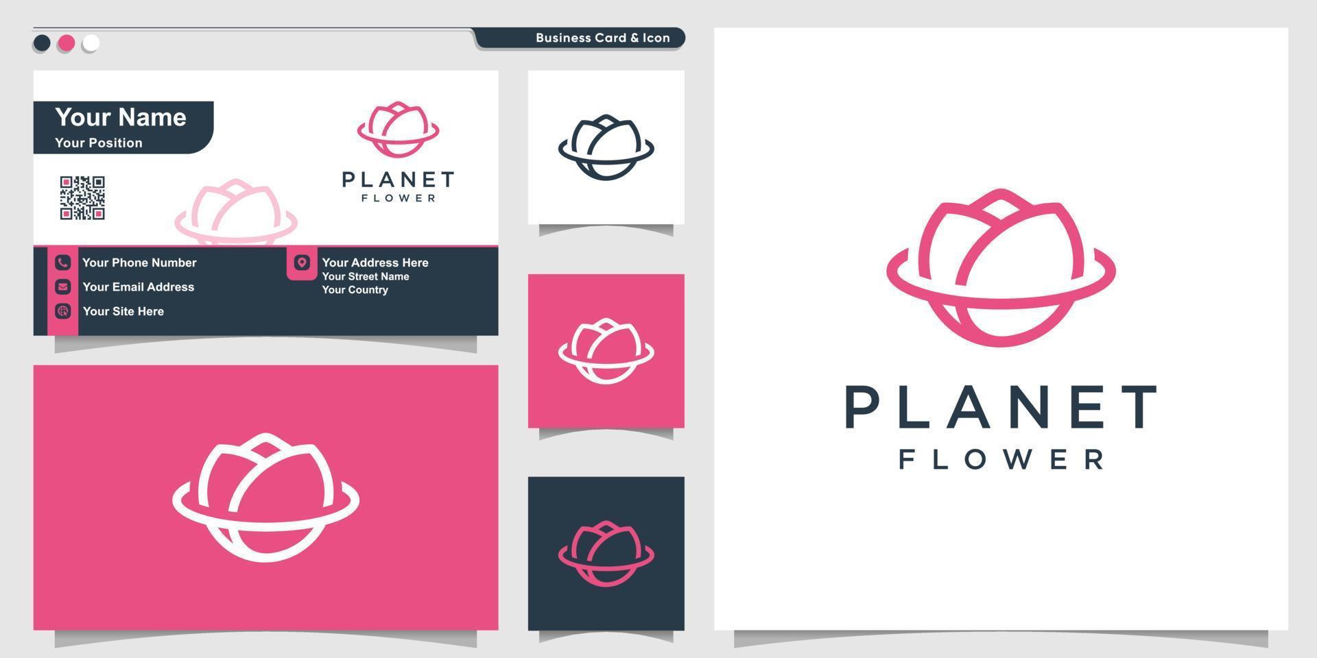 blomma logotyp med line art planet koncept och visitkort design premium vektor