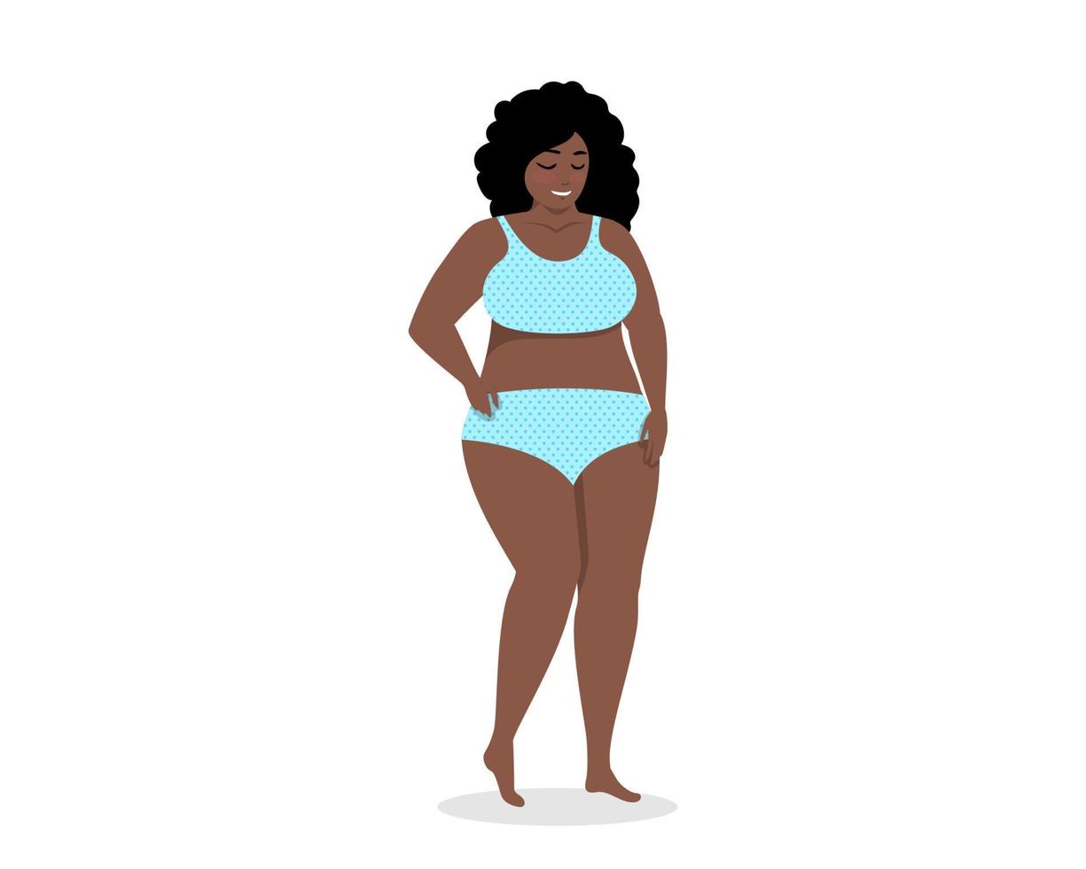 attraktive mollige schwarze frau, die im badeanzug steht. Afroamerikanerin mit Übergewicht und Körpergröße in Badebekleidung. kurvige fette erwachsene Mädchenpower. bodypositive person in der blauen unterwäschevektorillustration vektor