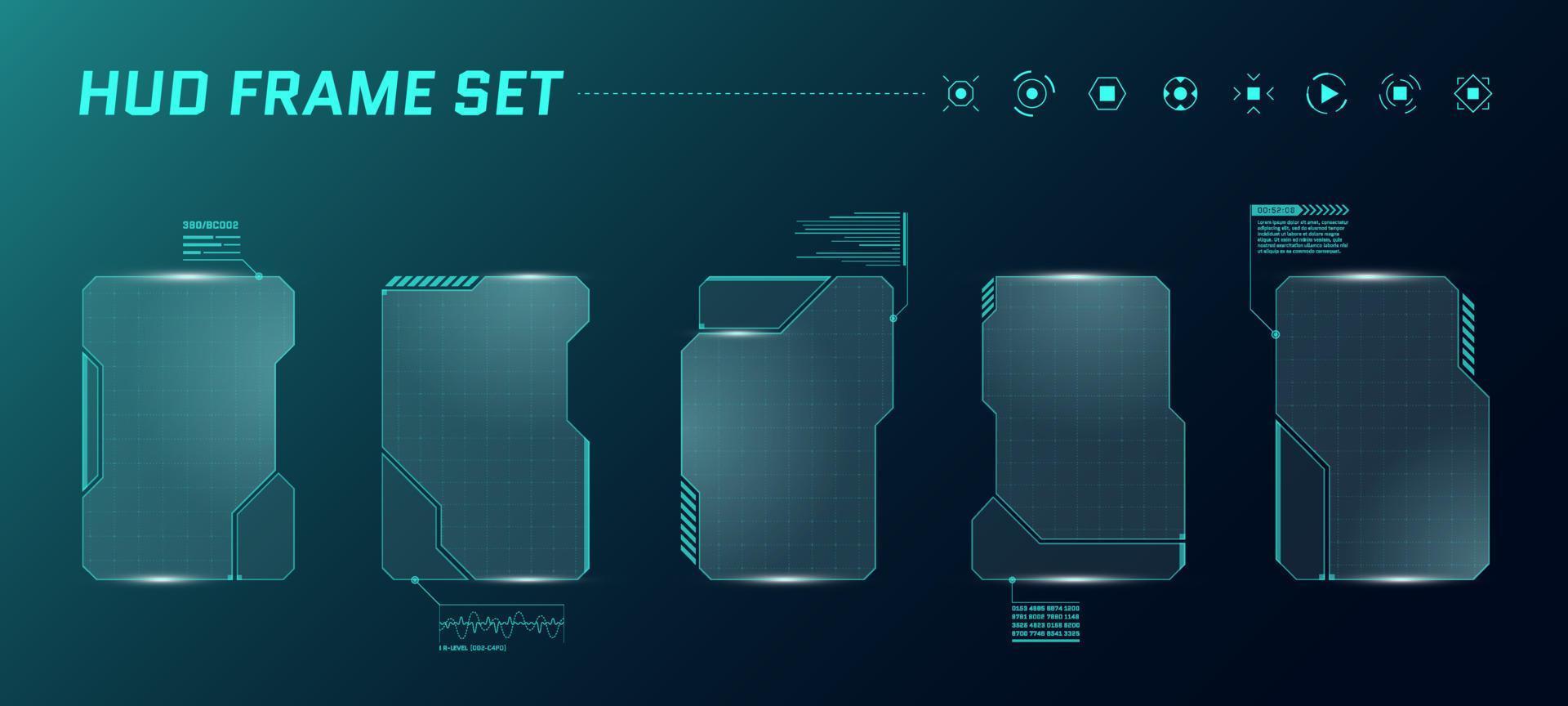 hud digital futuristiska användargränssnitt fyrkantig ram set. högteknologiska sci-fi-skärmar. spelmenyn vidrör övervakningspanelerna på instrumentbrädan. cyber space head-up display teknik information tecken koncept. eps vektor