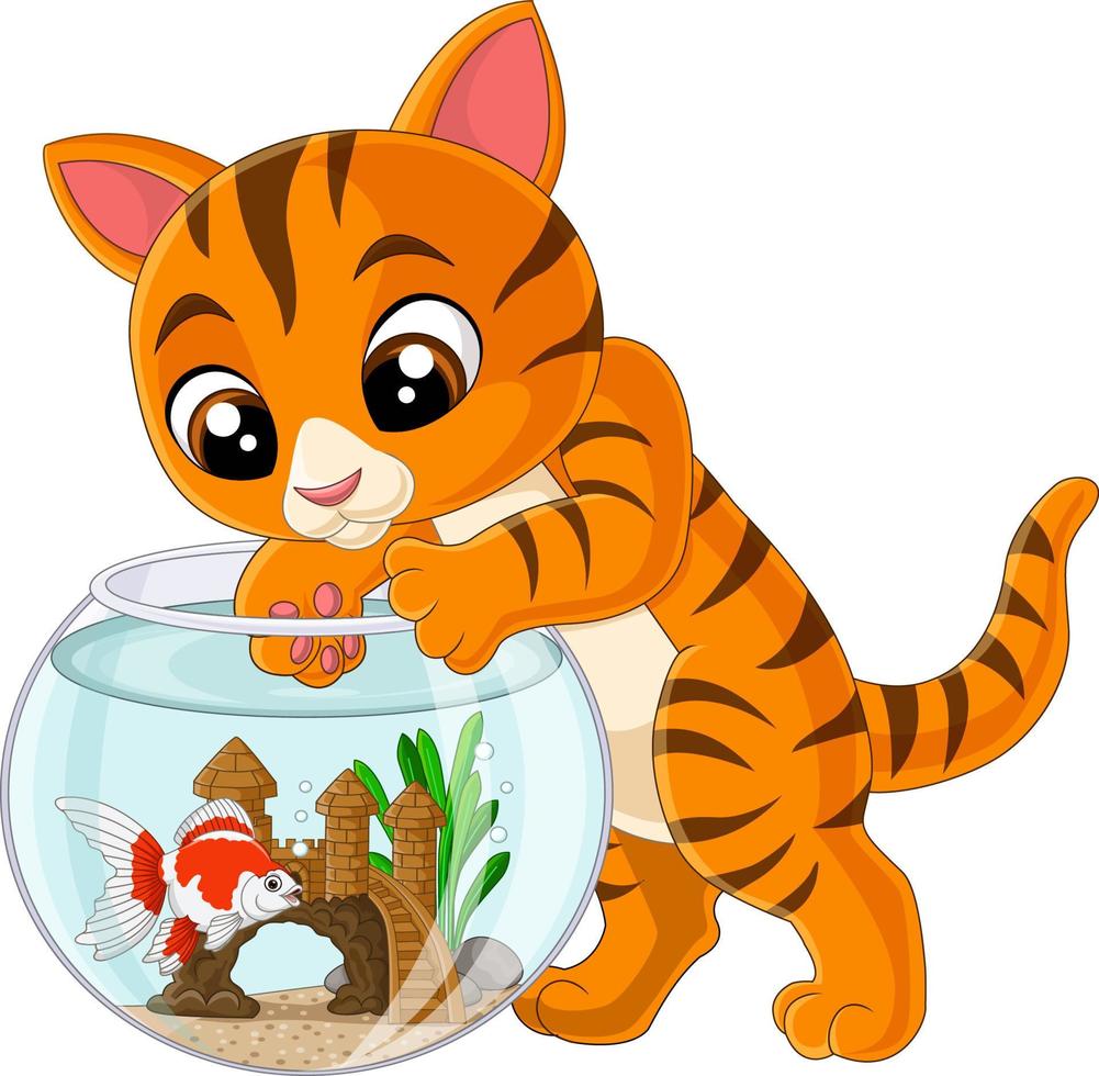 karikaturkatze, die versucht, einen fisch aus dem aquarium zu bekommen vektor