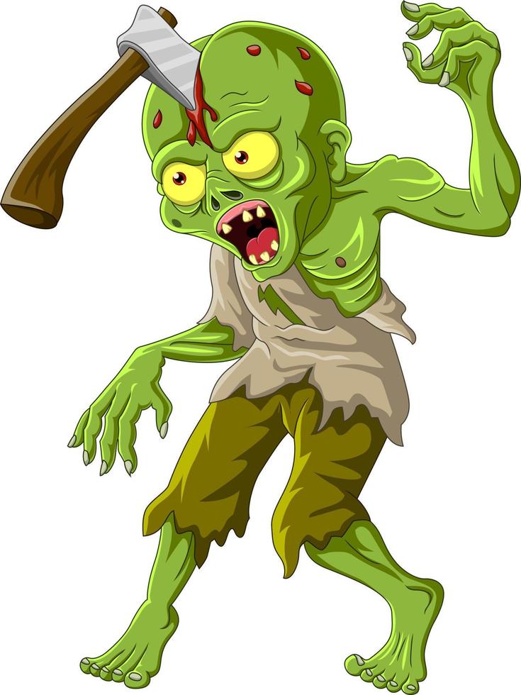 Cartoon-Zombie mit Axt im Kopf vektor