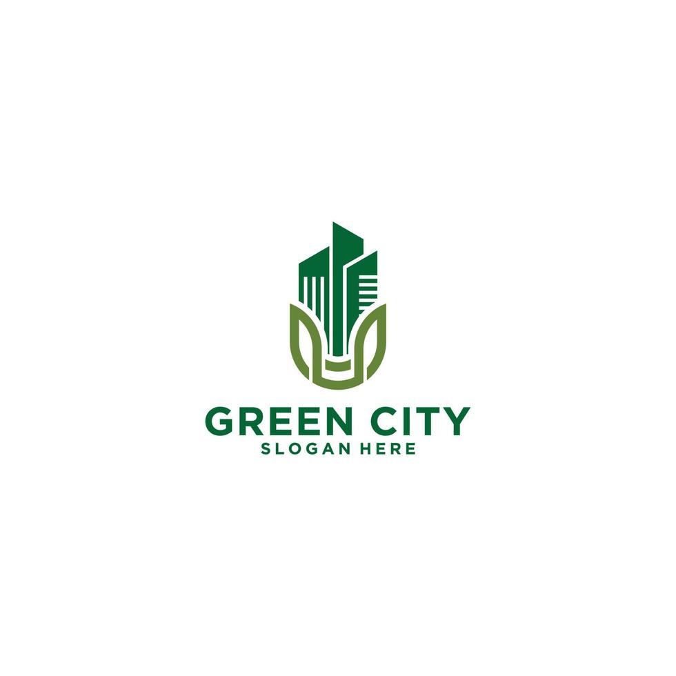 grön stadslogotyp med symboler för löv och byggnader som speglar naturen vektor
