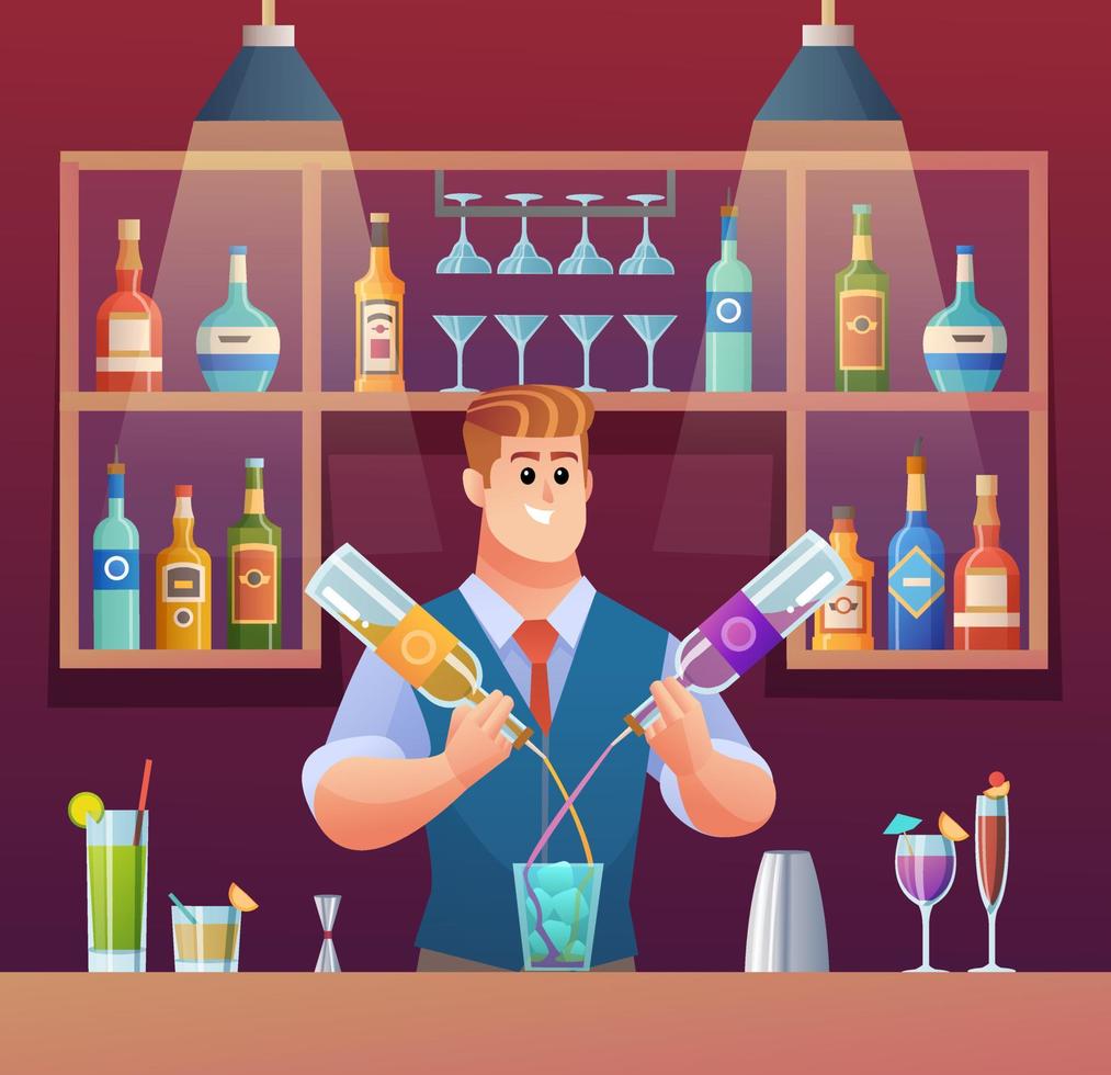 bartendern blanda drinkar vid bardisken tecknad illustration vektor