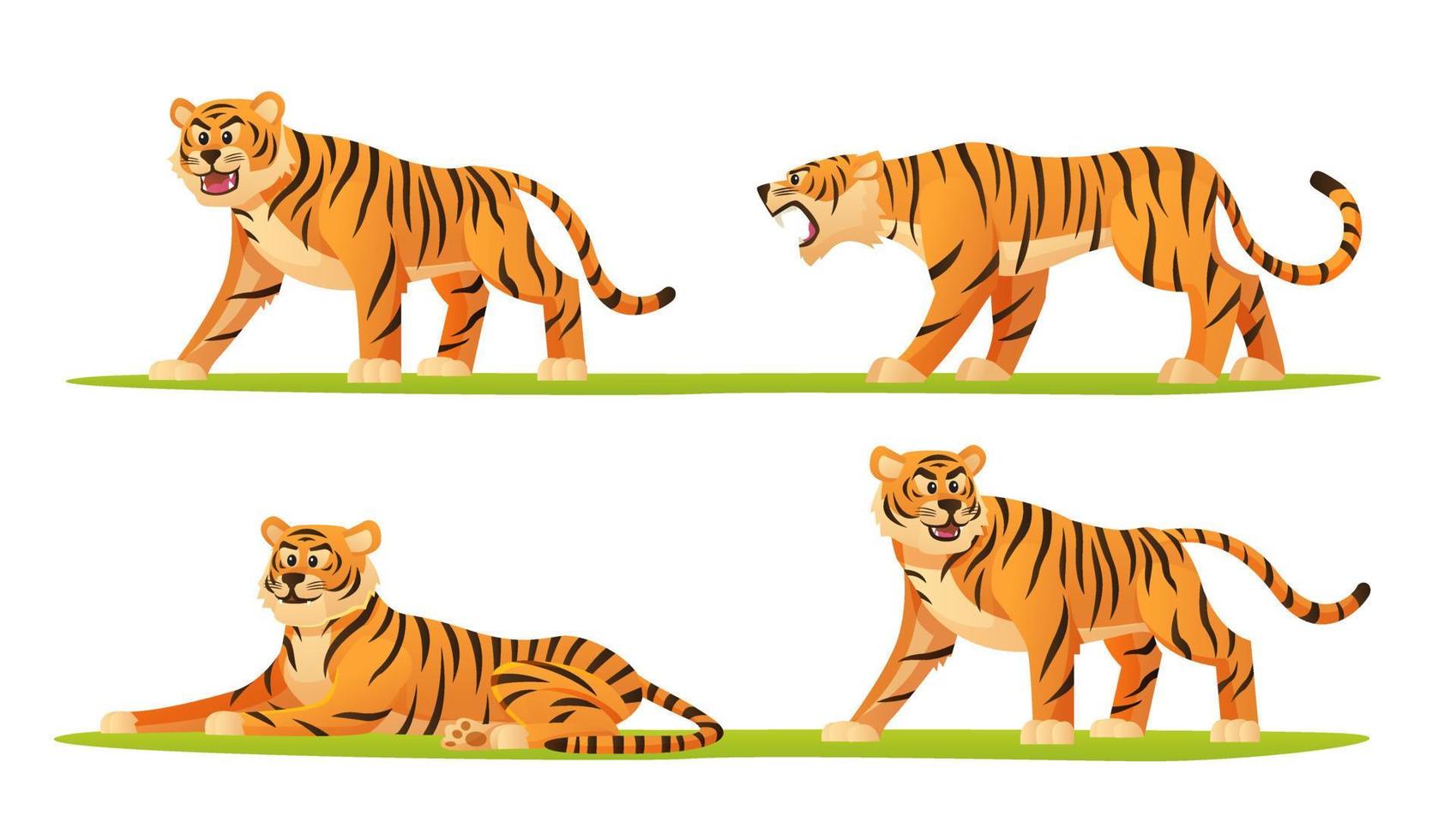 satz von tiger in verschiedenen haltungen karikaturillustration vektor