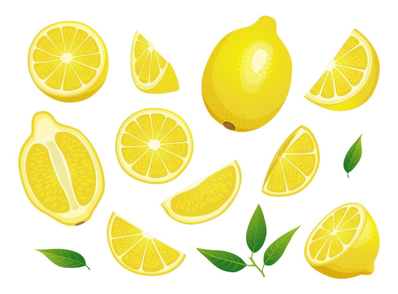 uppsättning färska hela, halva och skära skiva citron illustration isolerad på vit bakgrund vektor