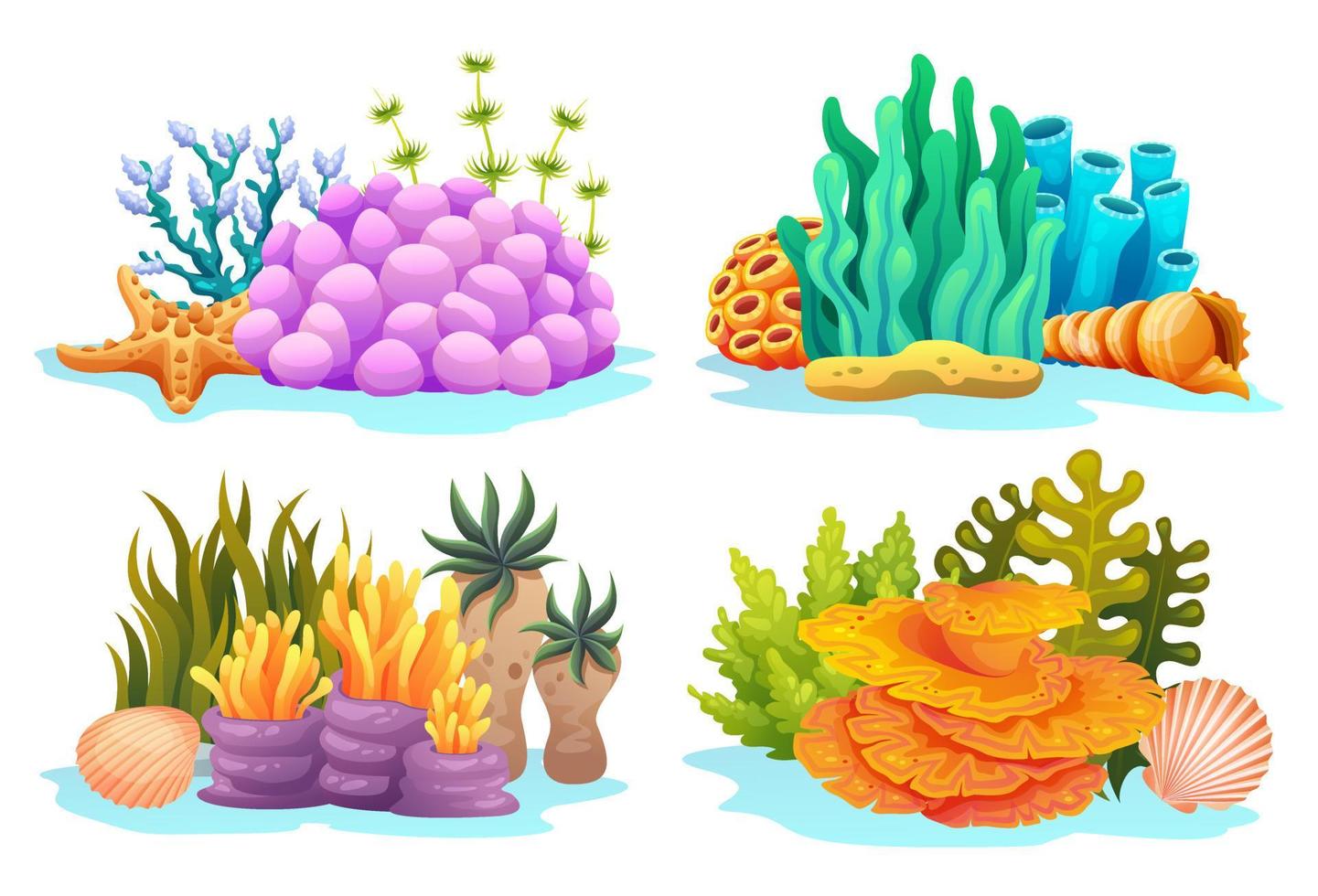 samling av korallrev, alger, tång och snäckskal i olika typer tecknad illustration vektor