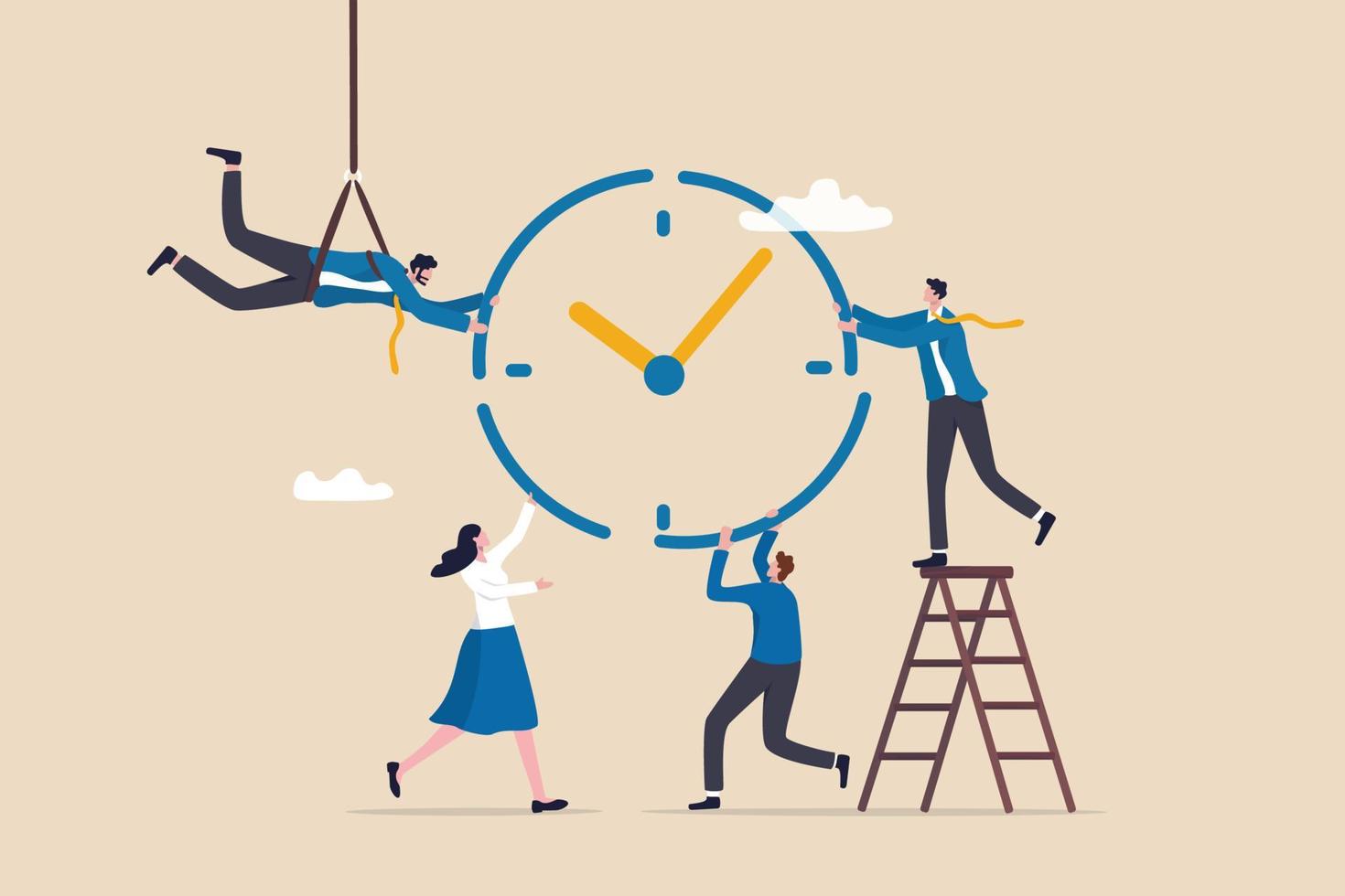 tidshantering eller projektledning för att styra team för att slutföra uppgifter eller strategisk planerare för att hantera resurser för att slutföra arbete inom deadline, affärsman och kvinna hjälper till att kombinera klocktimerbitar. vektor
