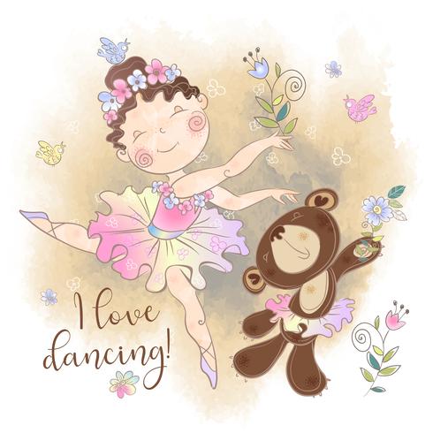 Liten ballerina flicka som dansar med en björn vektor