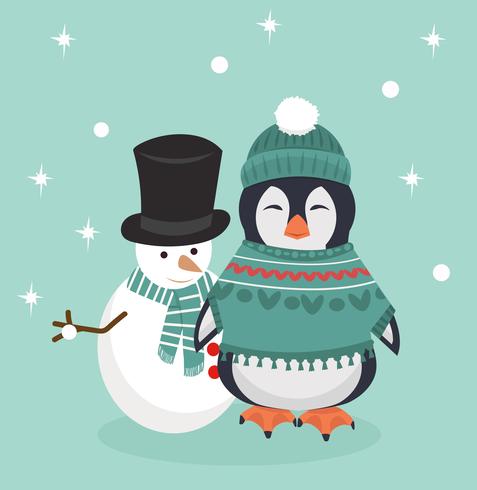 Pingvin i vinterkläder med snögubben vektor