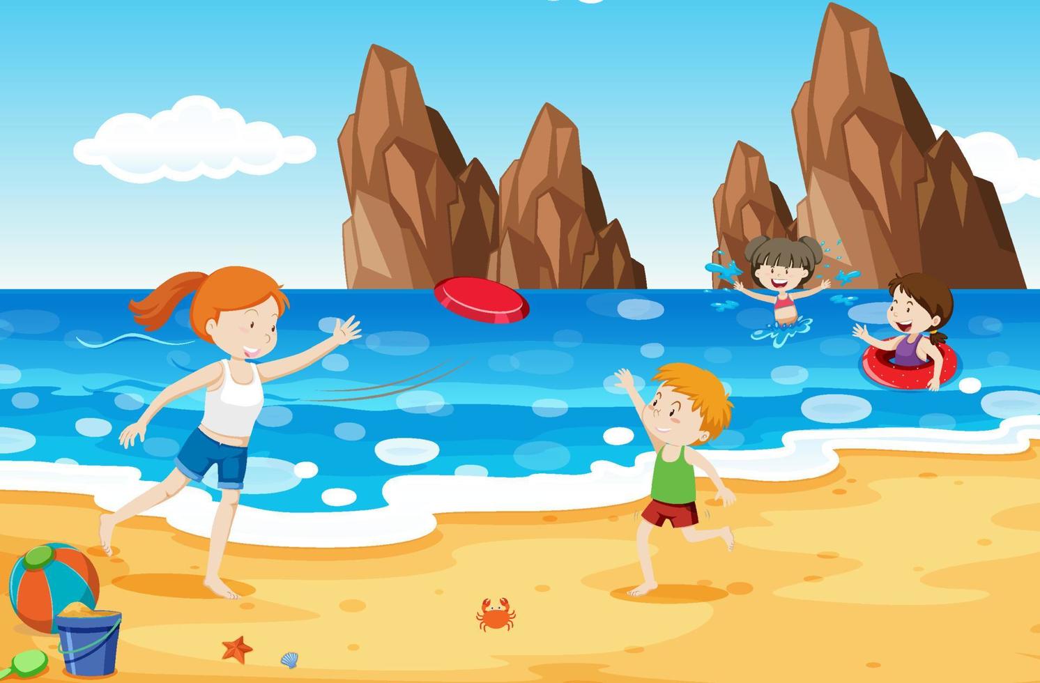 barn som leker på stranden på sommaren vektor