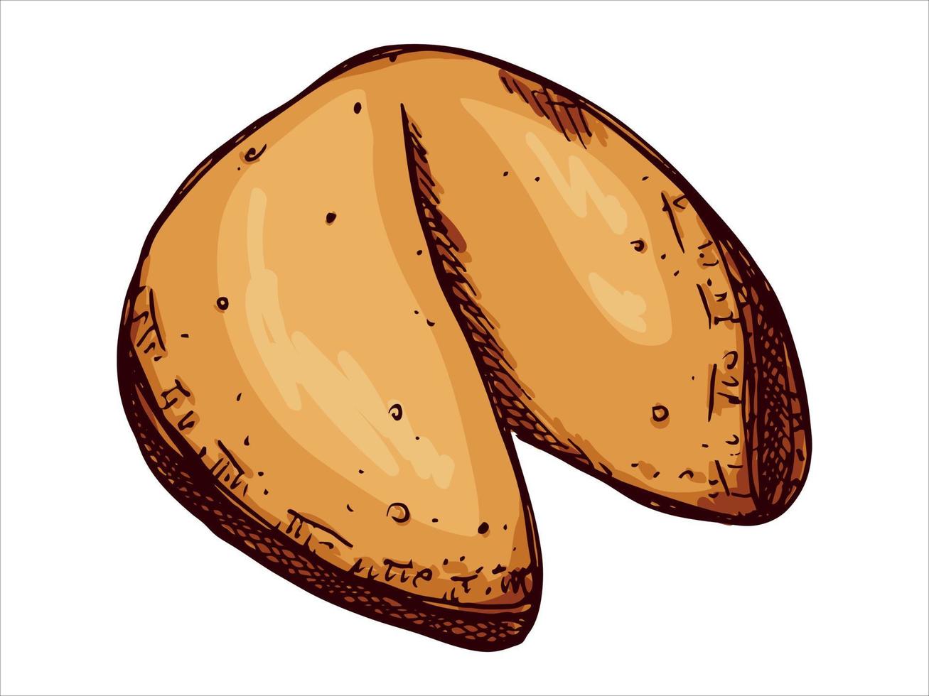 vektor handritad kinesiska lyckokakor isolerad på vita bakgrunder. mat illustration. crisp cookie med ett tomt papper inuti. för tryck, webb, design, dekor, logotyp.