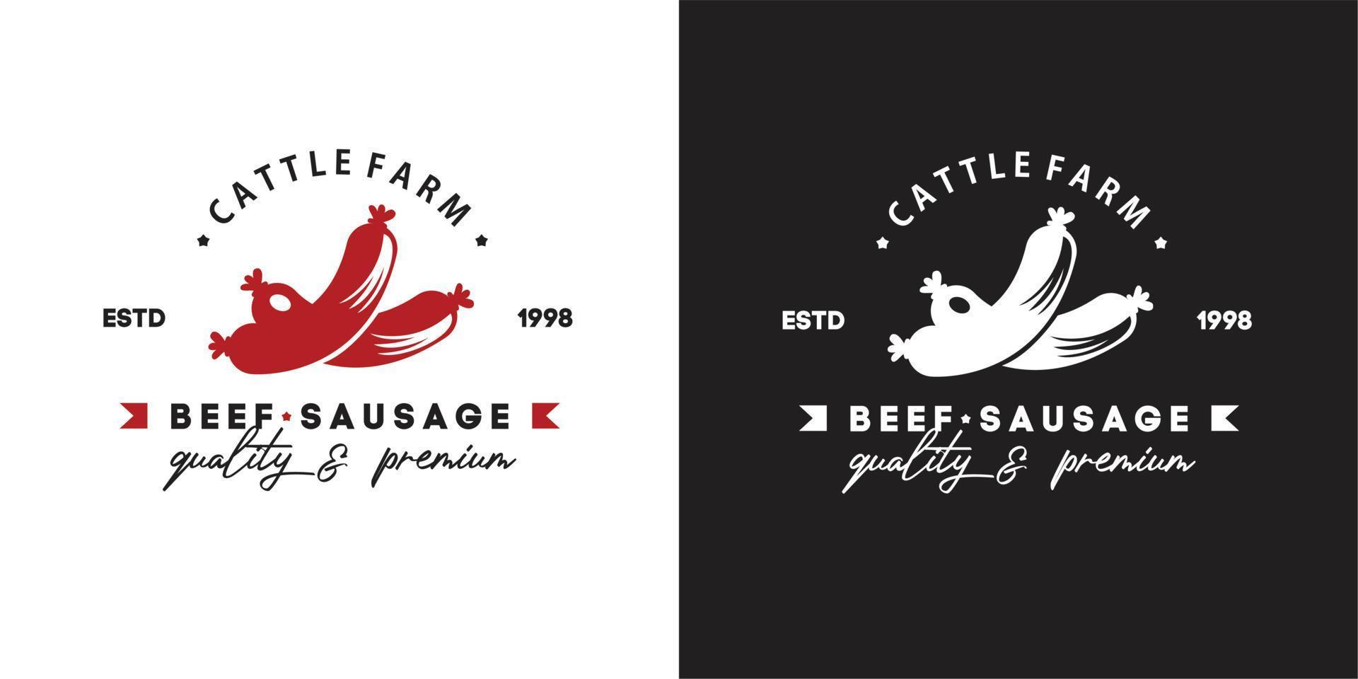 illustration vektorgrafik av nötkött lång röd korv från nötkreatursfarm premiumkvalitet bra för detaljhandeln matvaror korvbutik industrin vintage logotyp vektor