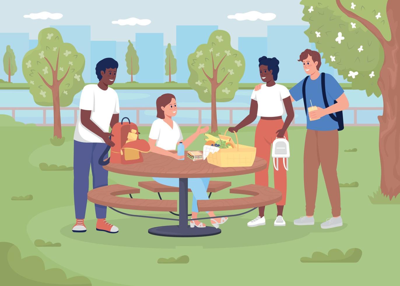 freunde treffen sich zum picknick in der flachen farbvektorillustration des parks vektor