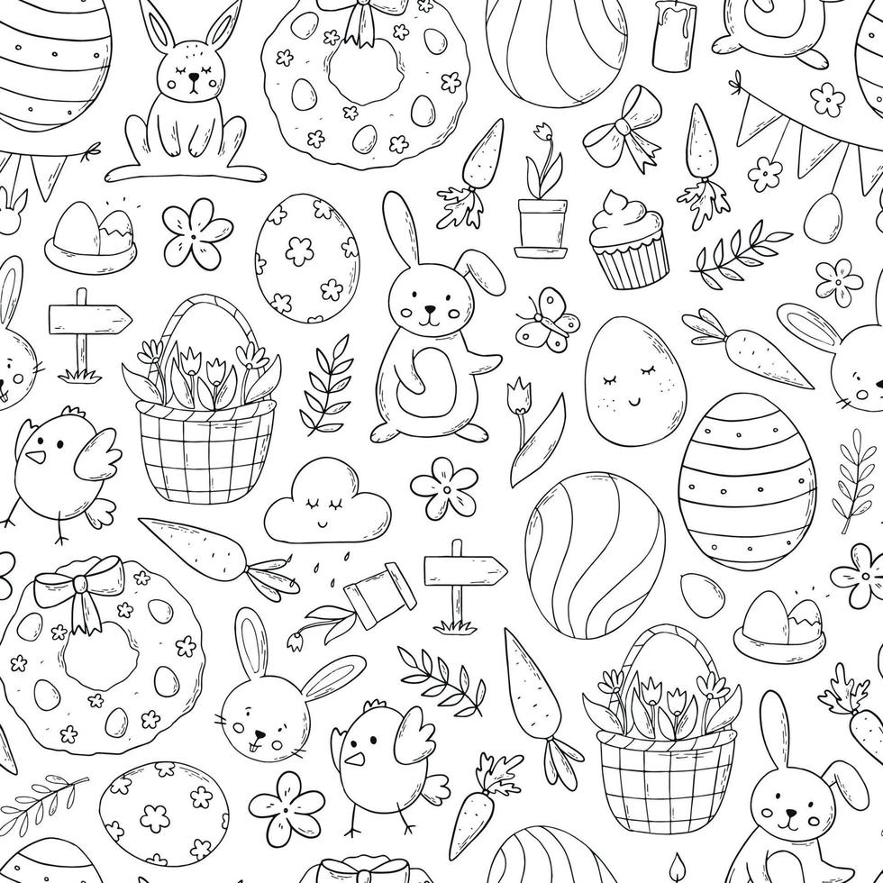 påsk seamless mönster med handritade doodles. monokromt textiltryck, bakgrund, omslagspapper, färgläggningssida, tapeter etc. eps 10 vektor