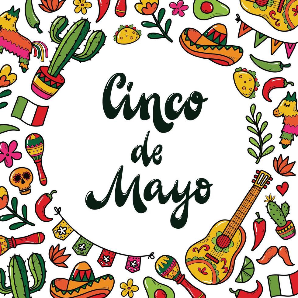 cinco de mayo bokstäver citat dekorerad med ram av handritade doodles för utskrifter, inbjudningar, affischer, kort, skyltar, etc. mexikanskt tema. eps 10 vektor