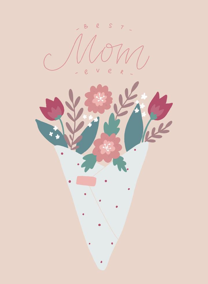 mors dag gratulationskort, affisch, inbjudan, print design. handbokstäver citat "bästa mamma någonsin" dekorerad med bukett blommor. eps 10 vektor