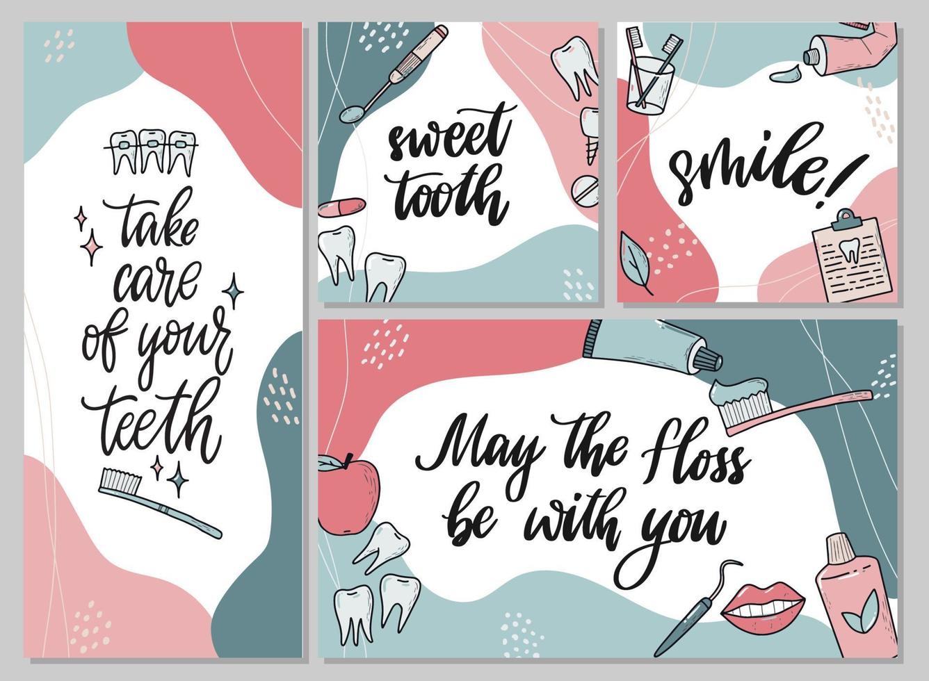 tandvård uppsättning banderoller med doodles och citat vektor