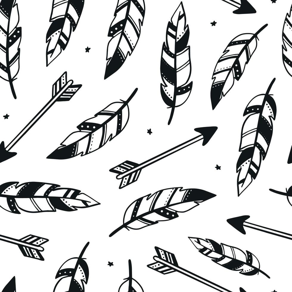 skandinaviska sömlösa mönster med fjädrar och pilar på vit bakgrund. bra för barnbarnstapeter, textiltryck, scrapbooking, omslagspapper etc. eps 10 vektor