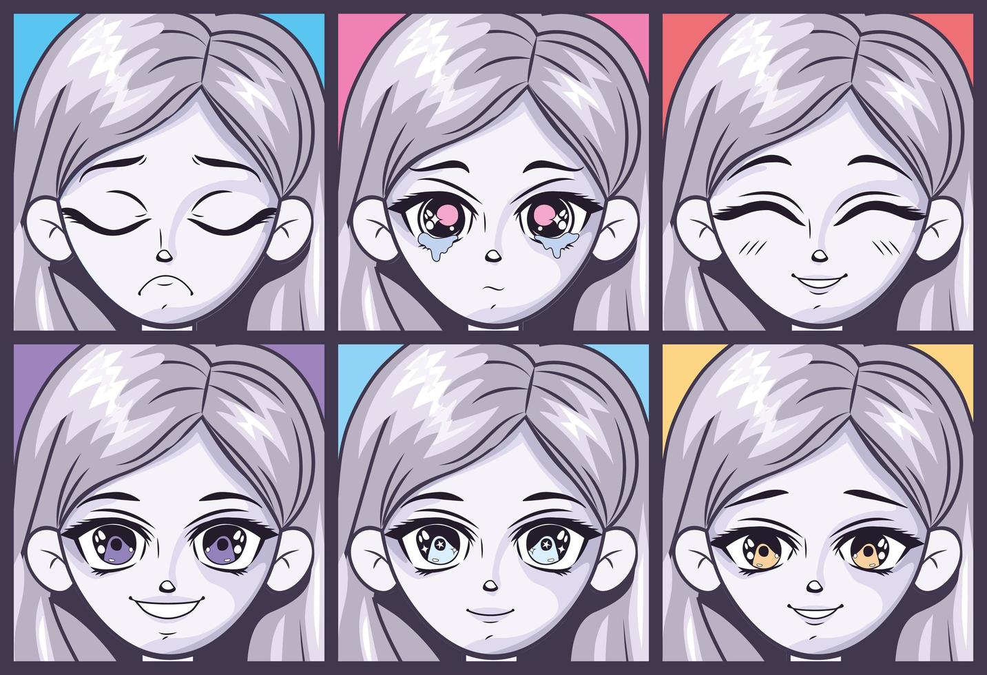 sex ansikten med anime-reaktioner vektor