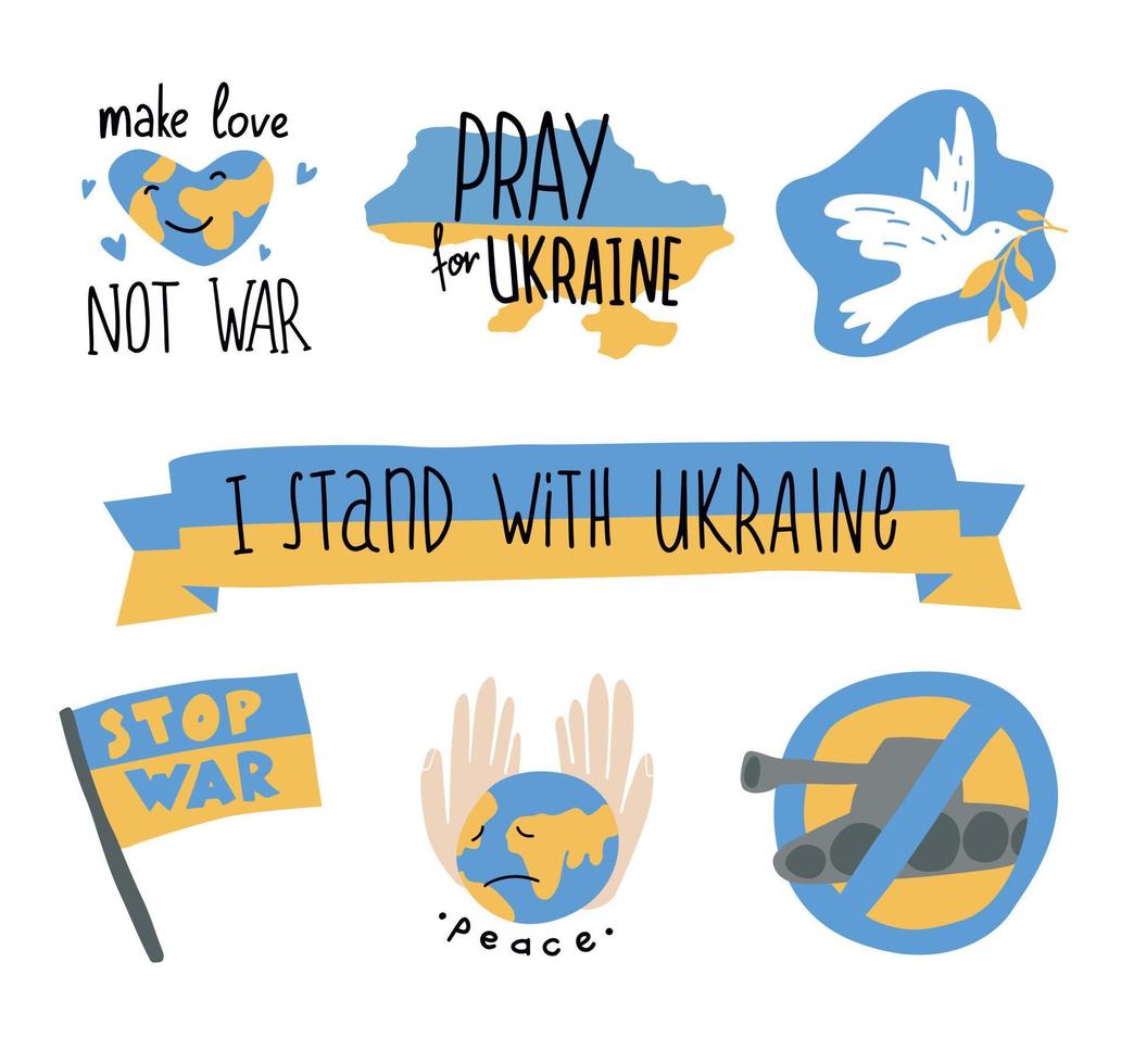 kein ukrainekrieg. Aufkleber und Elemente. ukraine karte und flagge. Unterstützung für die Ukraine. Frieden-Schriftzug. Stoppen Sie die Krieg-Doodle-Vektorsammlung. vektor