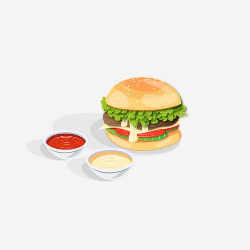 Realistischer doppelter Hamburger mit Käse-und Ketschup-Eintauchen vektor
