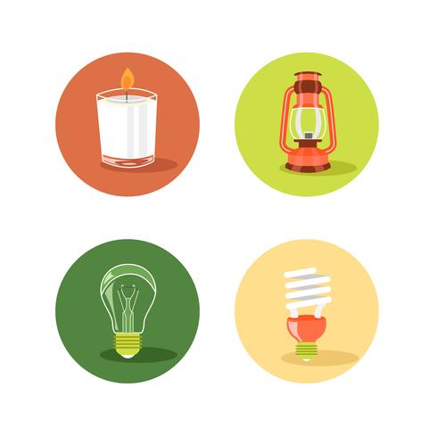 Lichtquellen-Icon-Set mit Kerze, Lampe, Glühlampe und CFL-Lampe vektor