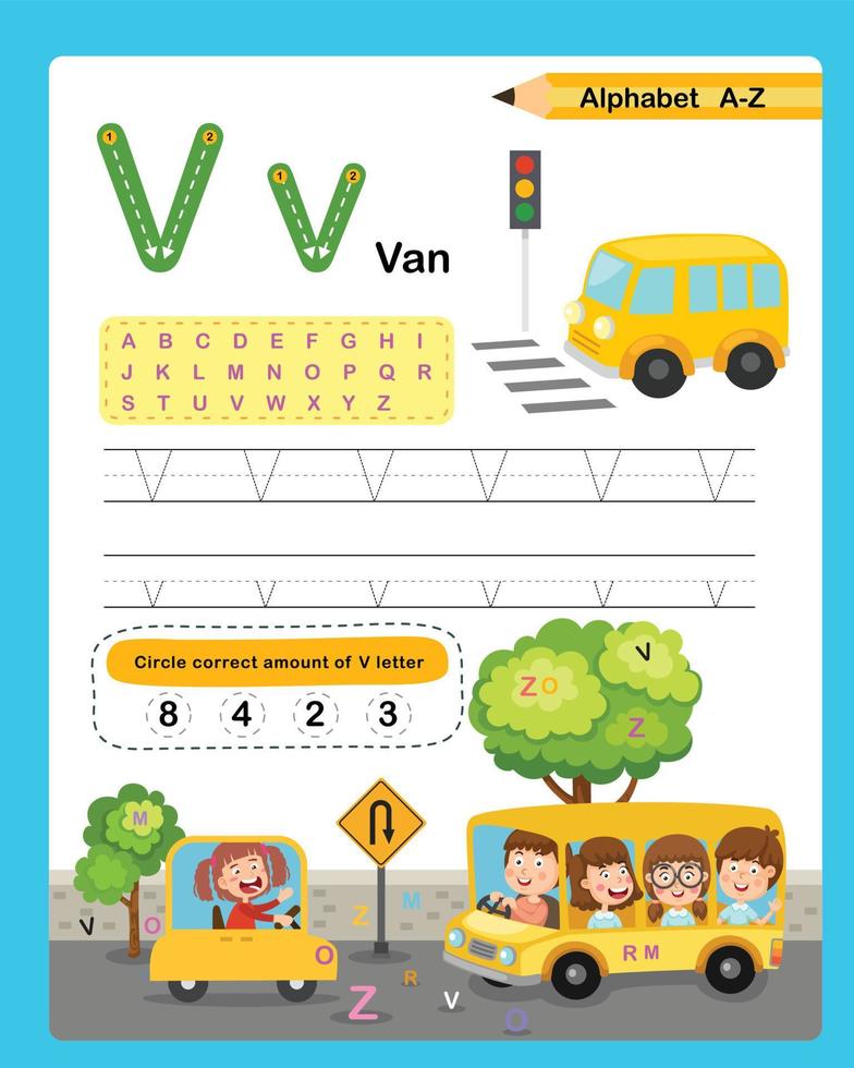 alfabetet bokstaven v - van övning med tecknad ordförråd illustration, vektor