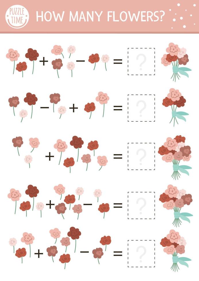 Muttertags-Matching-Spiel mit Blumen. Ferienmatheaktivität für Vorschulkinder mit Rosensträußen. pädagogisches druckbares arbeitsblatt zum zählen mit niedlichen lustigen elementen für kinder vektor