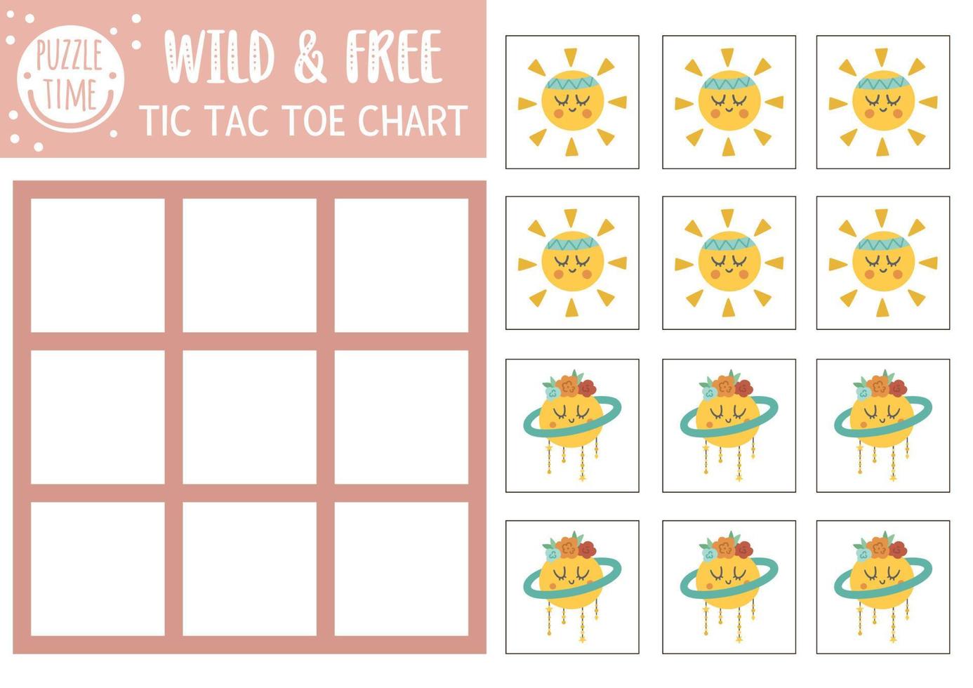 Vektor wildes und kostenloses Tic Tac Toe-Diagramm mit niedlichem Planeten und Sonne. Brettspielspielfeld der ethnischen Natur mit. lustiges druckbares arbeitsblatt für kinder. Nullen und Kreuze Raster