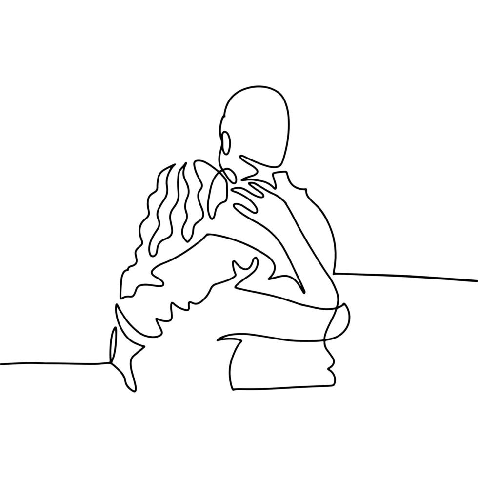 ein durchgehendes einzelnes gezeichnetes kunstgekritzelpaar in der liebe, die sich umarmt, mann und frau umarmen sich, liebhaber kuschelt. isolierte handgezeichnete Umrissillustration auf weißem Hintergrund. vektor