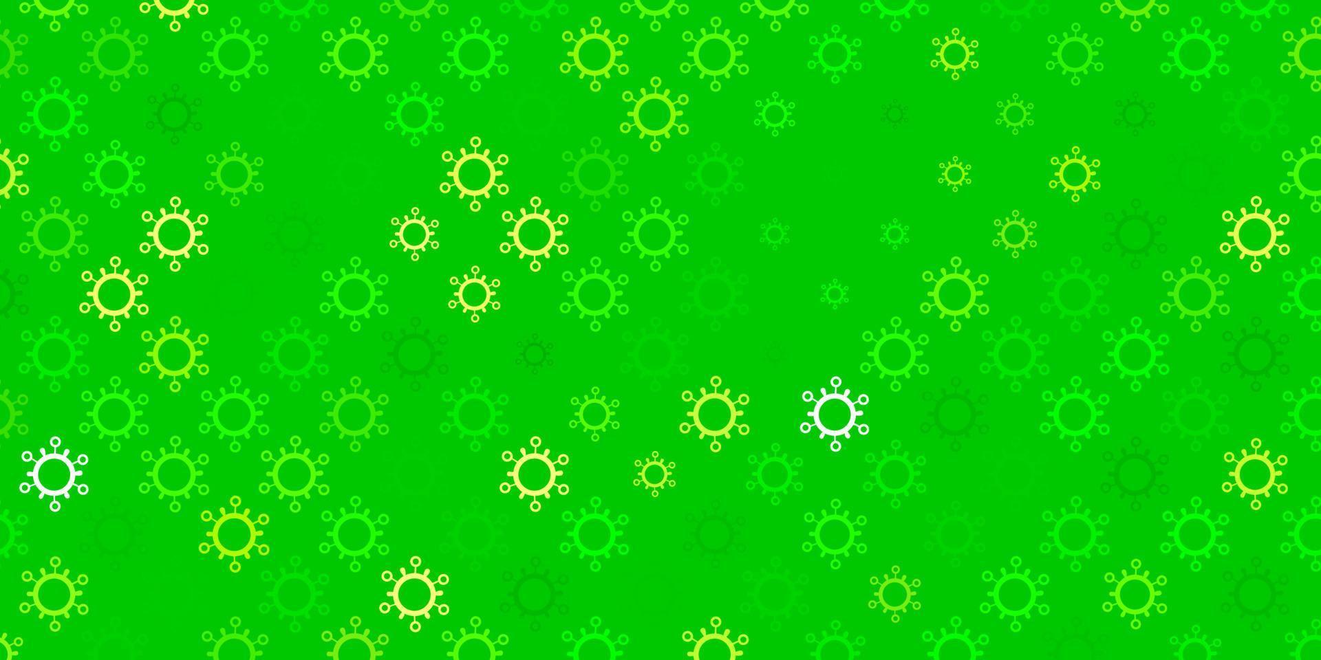 ljusgrön, gul vektorbakgrund med covid-19 symboler. vektor